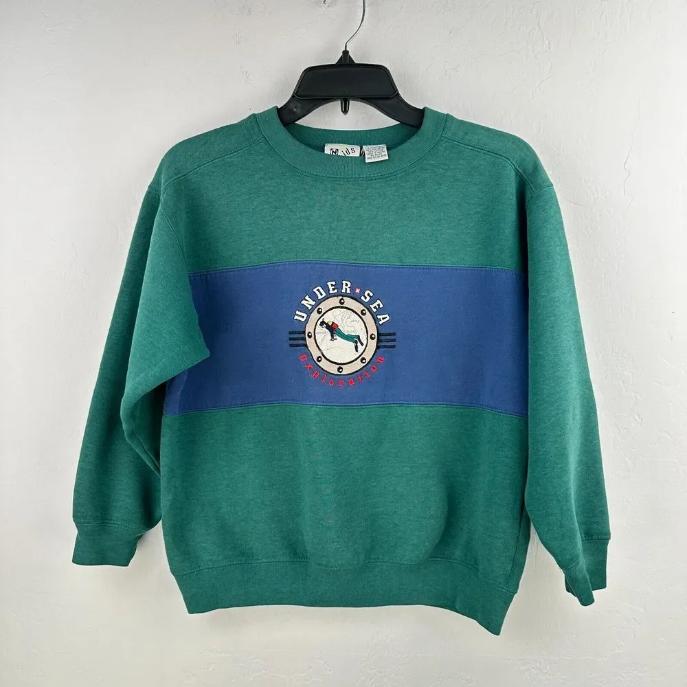 Vintage N Kids Sweatshirt L Green‎ Under Sea Exploration Colorblock Long Sleeve